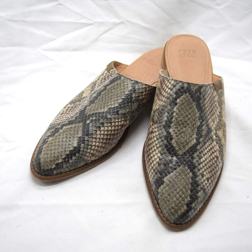 Frye and Co Women's 7M Leather Snakeskin Pattern Print Flat Mules Casual Career